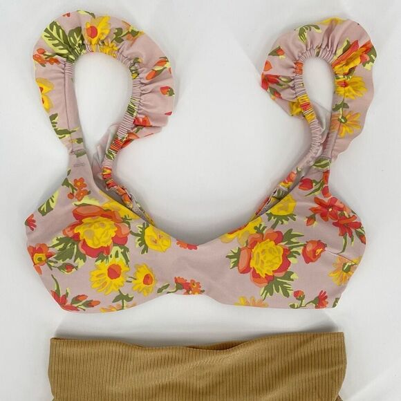 Aerie Floral Ruffle Scoop Top High Cut Cheeky Bikini Swimsuit Set Gold Pink XS - Picture 2 of 9